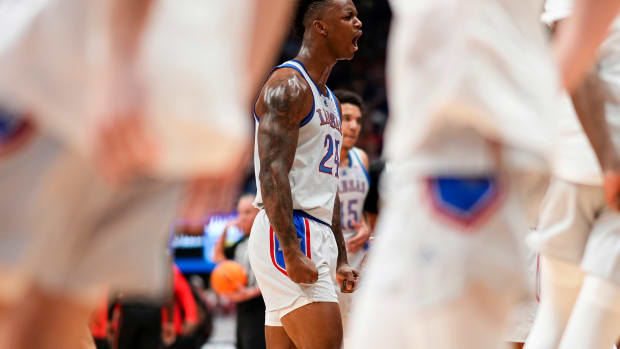 Feb 3, 2024; Lawrence, Kansas, USA; Kansas Jayhawks head coach Bill Self celebrates during the first half against the Houston Cougars at Allen Fieldhouse. Mandatory Credit: Jay Biggerstaff-USA TODAY Sports